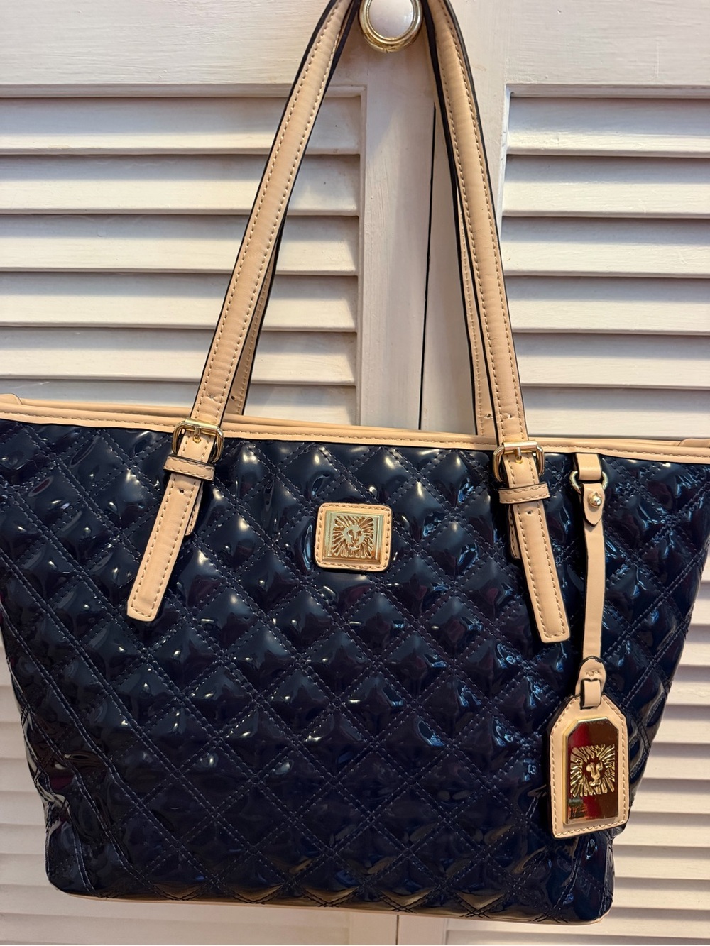 Anne Klein Navy Quilted patent leather Tote Bag with Beige Trim